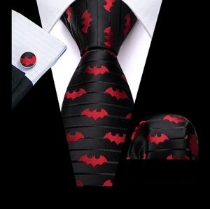 Red and Black Halloween Bat Italian Silk Necktie Set Halloween Wedding Men's